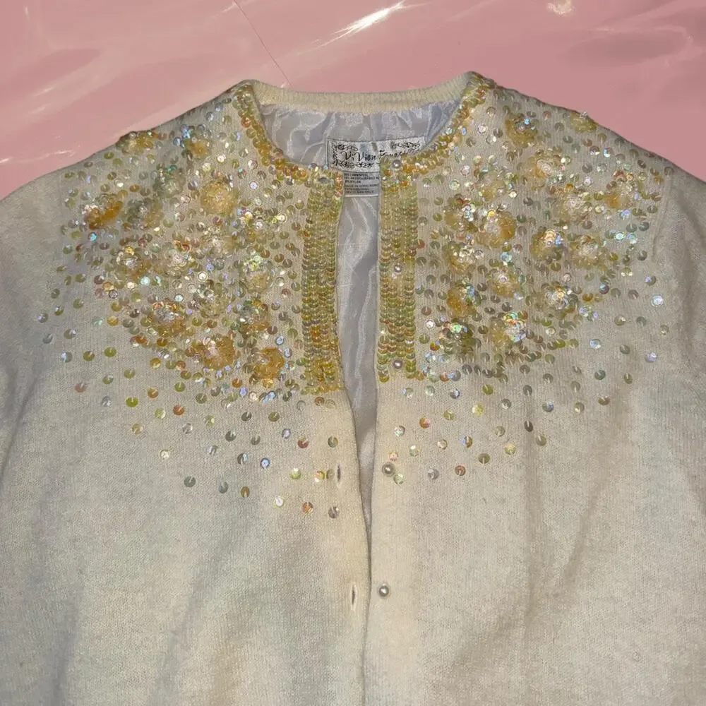 Vintage iridescent sequin pearl cardigan fairy core romantic Y2K - Picture 3 of 8